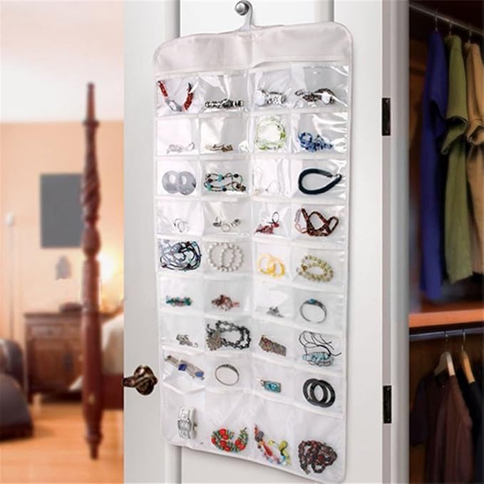 jyhyeu Hanging Organizador de joyas, 72-pocket para colgar joyas y accesorios organizador pared bolsillos