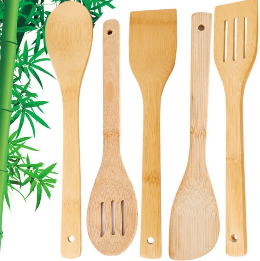 5 Pieces Wooden Kitchen Utensils Set Wood Cooking Utensils Tool Spatula Spoon Turner Slotted Turner for Non-Stick and Frying Pans Kitchen Gift Cooking Essentials Dishwasher Safe Long Handle 30CM