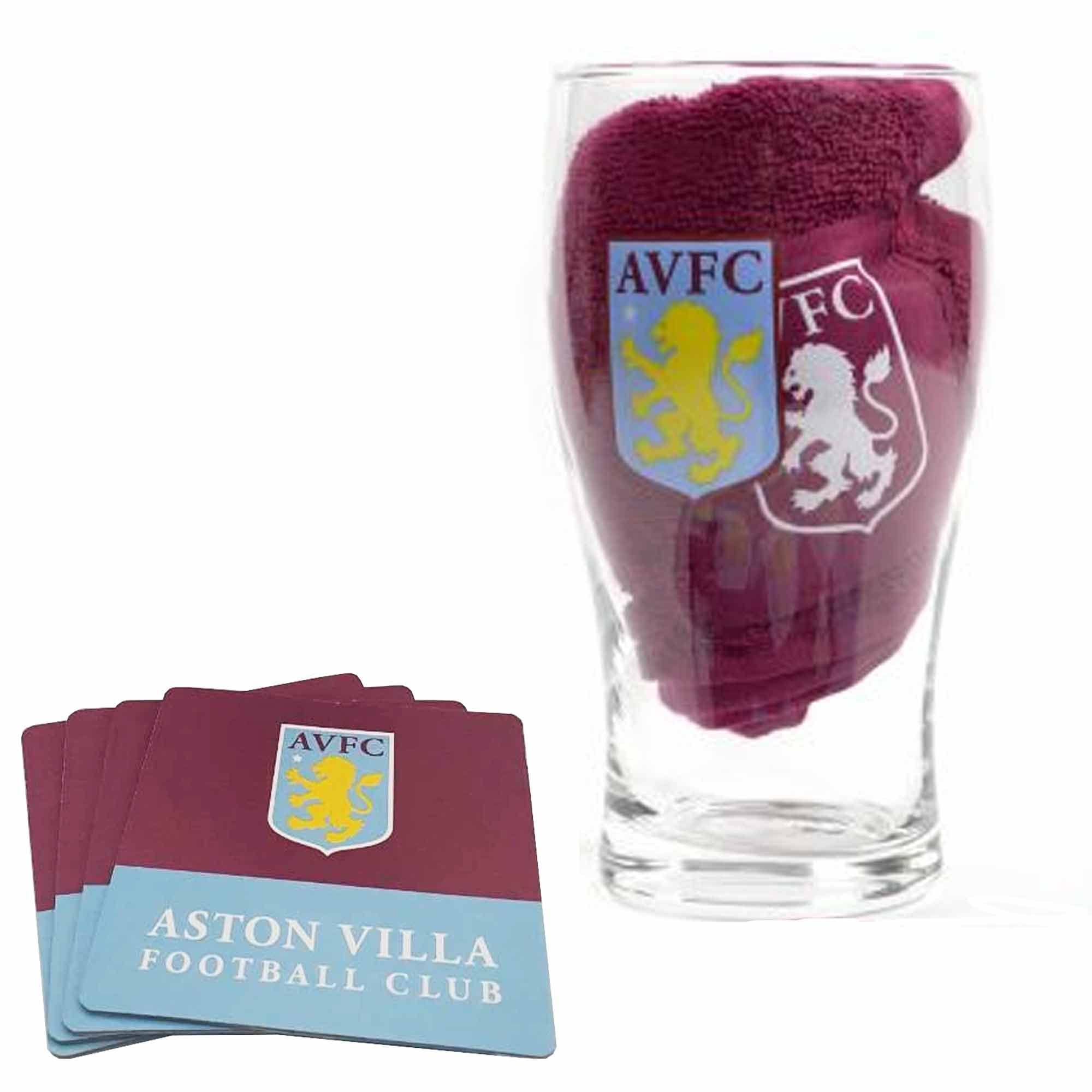 Official Aston Villa Pint Glass Mini Bar Set With Coasters & Bar Towel, Aston Villa Beer Tankard