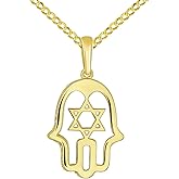Jewelry America 14K Yellow Gold CZ Hamsa Hand of God with Star of David Pendant with Cuban Chain Necklace