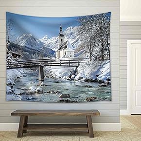 Panoramic View of Scenic Winter Landscape in The Bavarian Alps - Fabric Wall Tapestry Home Decor - 51x60 inches
