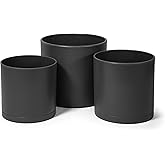 D'vine Dev 6 Inch 6.5 Inch 8 Inch, Set of 3 Plastic Planter Pots for Plants with Drainage Hole and Seamless Saucers, Black Color, Medium, 74-V-B-3