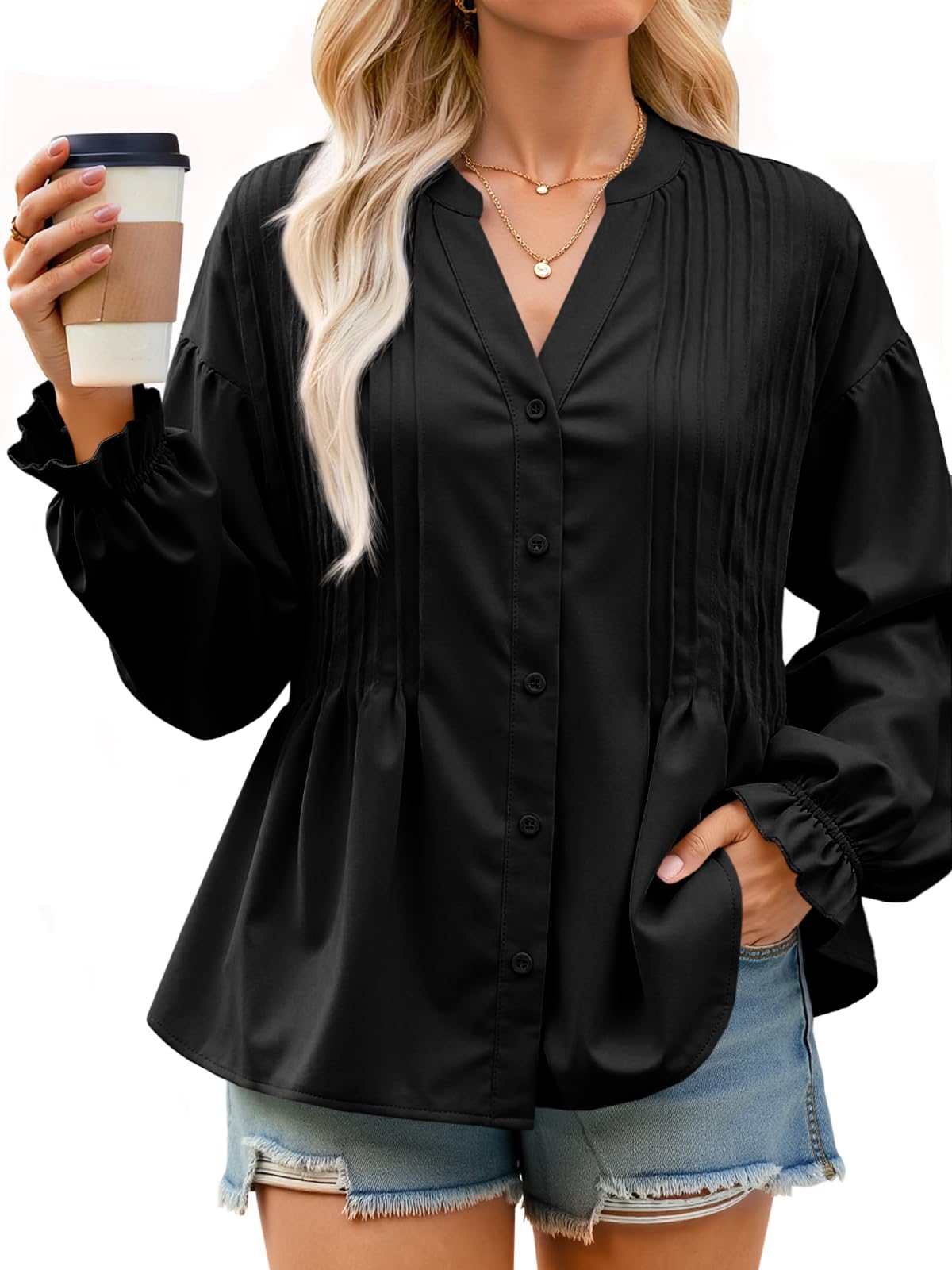Cicy Bell Womens Pleated Button Down Shirts V Neck Puff Long Sleeve Peplum Tops Dressy Casual Loose Fit Cute Blouse Black