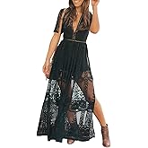 Eleter Women's Deep V-Neck Lace Romper Short Sleeve Long Dress