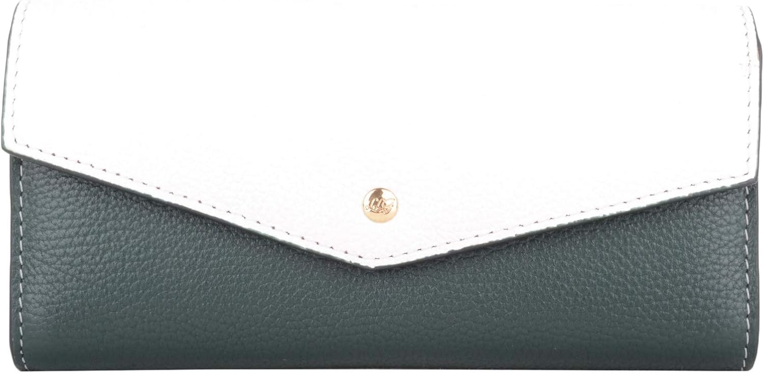 Womens Leather RFID Envelope Style Flap Over Money Credit Card Purse with Pebble Effect - Green/White