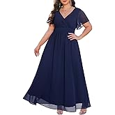 Talisea Plus Size Formal Dresses - V Neck Flutter Sleeve Glitter Prom Evening Gowns Wedding Guest Chiffon Long Maxi Dress