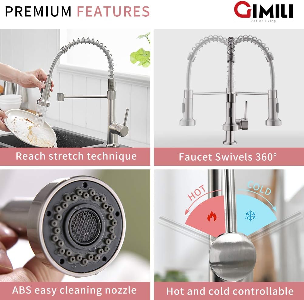 GIMILI Kitchen Faucet with Pull Down Sprayer Commercial Single Handle Lever Spring Kitchen Sink Faucet Brushed Nickel - - 