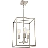 VINLUZ 3 Light Classic Indoor Chandelier Brushed Nickel Finish Foyer Lantern Pendant Lighting for Hallway Kitchen Dining Room