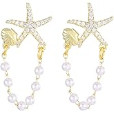Starfish Earrings for Women Pearl Shell Earrings Gold Shell Starfish Earrings Summer Earrings Ocean Beach Jewelry for Women