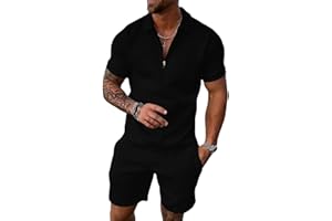 Aulemen Mens 2 Piece Zip Tracksuit Short Sleeve Print Polo Shirt and Shorts Sets Summer Outfits for Men