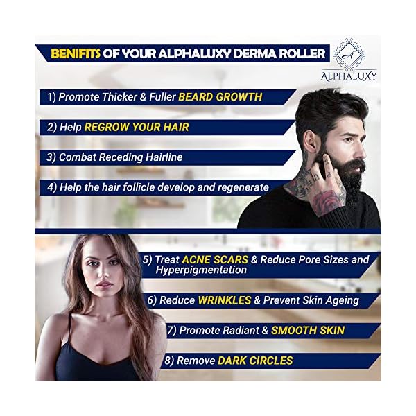 ALPHALUXY-Best-05mm-Derma-Roller-for-Hair-Beard-Growth-and-Acne-Scar-Treatment-Professional-Titanium-540-Needles-Microneedle-Dermaroller-Extensive-Instructions-Free-Ebook-Full-Warranty ALPHALUXY Best 0.5mm Derma Roller for Hair & Beard Growth and Acne Scar Treatment | Professional Titanium 540 Needles…
