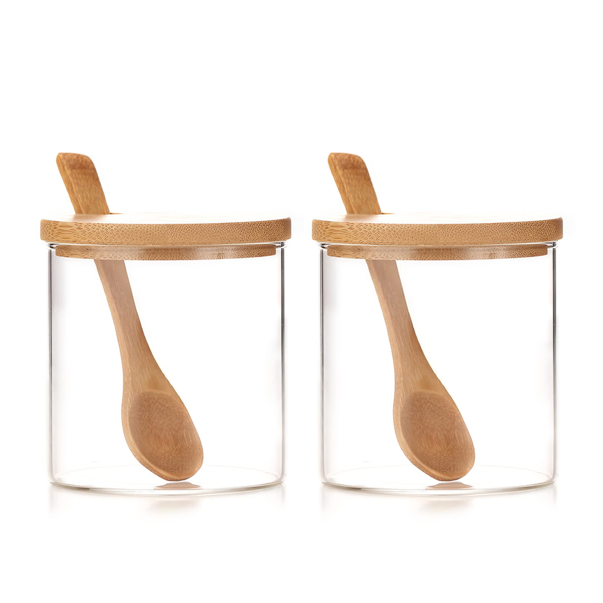 INCETUE 2pcs Condiment Pot, Seasoning Containers box, Glass Jar with Bamboo Lid, Cute Suger Bowl, Salt Container with Wooden Spoon, 10oz Spice Pepper Storage Canister for Kitchen and Home