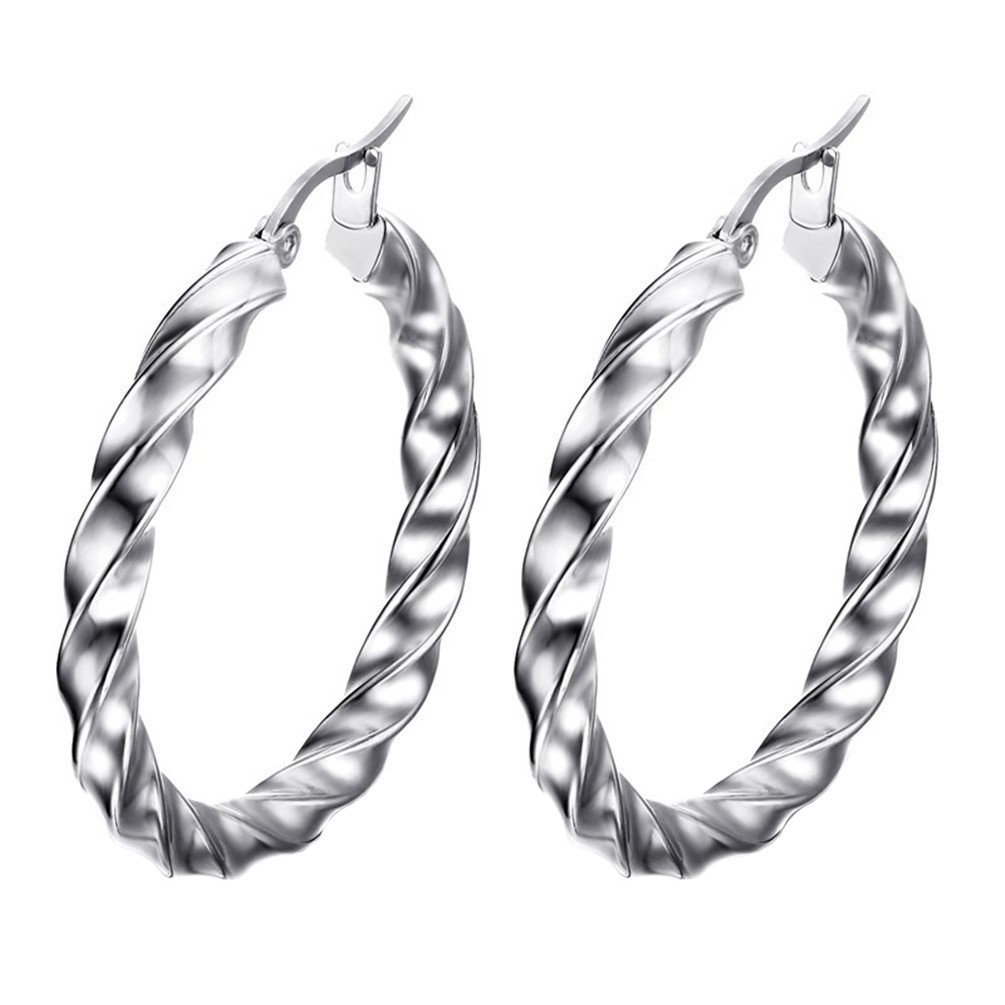 PAURO Women's Stainless Titanium Steel Silver Big Round Circle Wave Earring