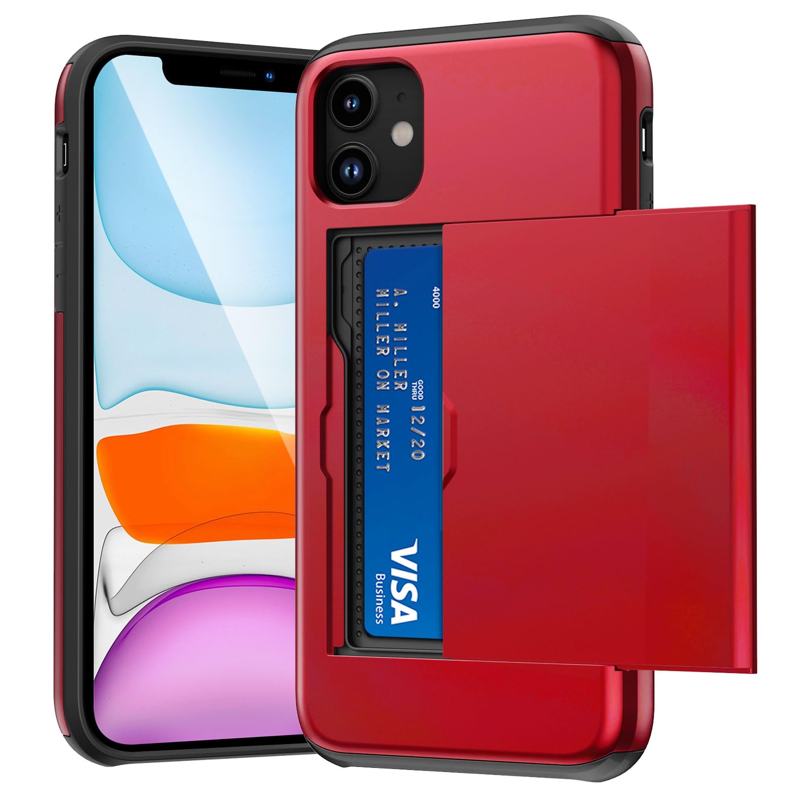 ACOCOBUY for iPhone 11 Case with Card Holder Sliding Cover Hidden Pocket IDs Credit Cards Slot Heavy Duty Shockproof Protective Dual Layer Wallet Phone Cover Back Shell for Men Women 6.1 inch Red โ image 1
