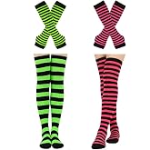 Barrlves 2/4 Sets Womens Striped Knee High Socks Long Knitted Arm Warmers Fingerless Gloves for Halloween Costume