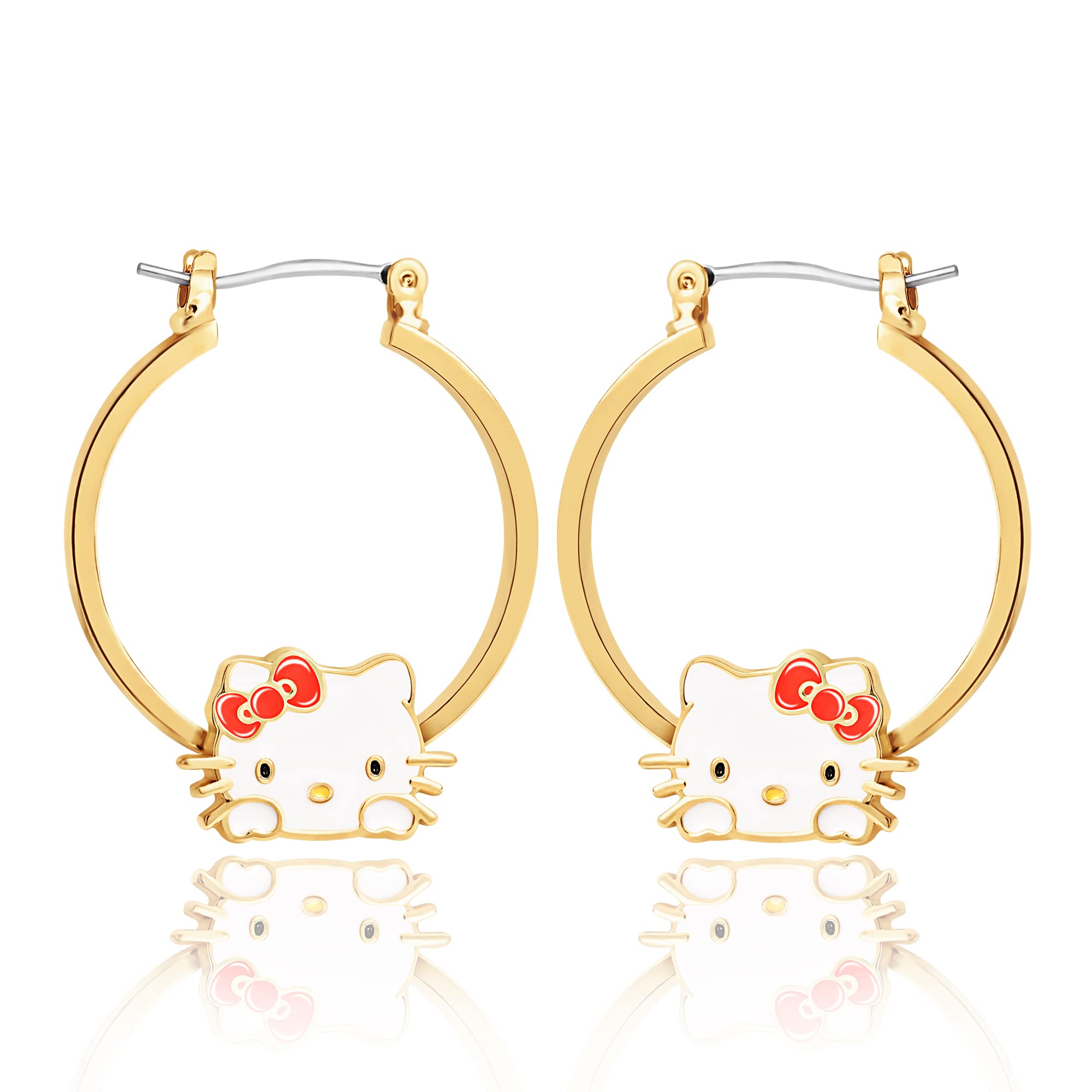 Hello Kitty Hoop Earrings for Women Official License, Gold Tone Flash-Plated and Enamel Sanrio Earrings