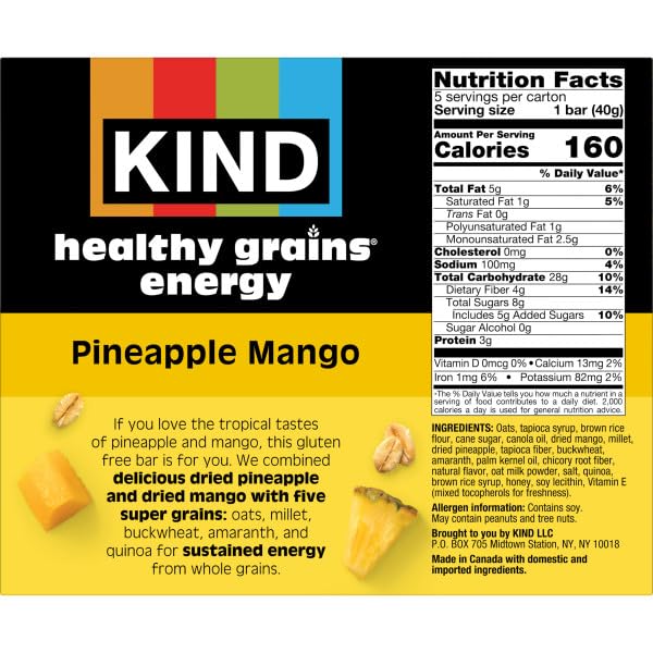 KIND HEALTHY GRAINS ENERGY BARS, PINEAPPLE MANGO, 20G WHOLE GRAINS, MADE WITH SUPER GRAINS, GLUTEN FREE SNACKS, 5 CT, 7.1OZ