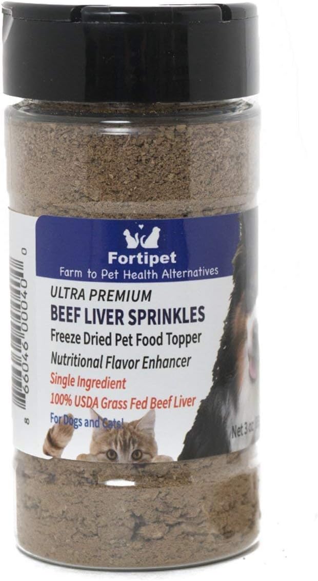 Fortipet Freeze Dried Raw Beef Liver Sprinkles 30 Day Supply Healthy Dog and Cat Food Topper and Treat, Best Grass Fed Beef, 3 Ounces