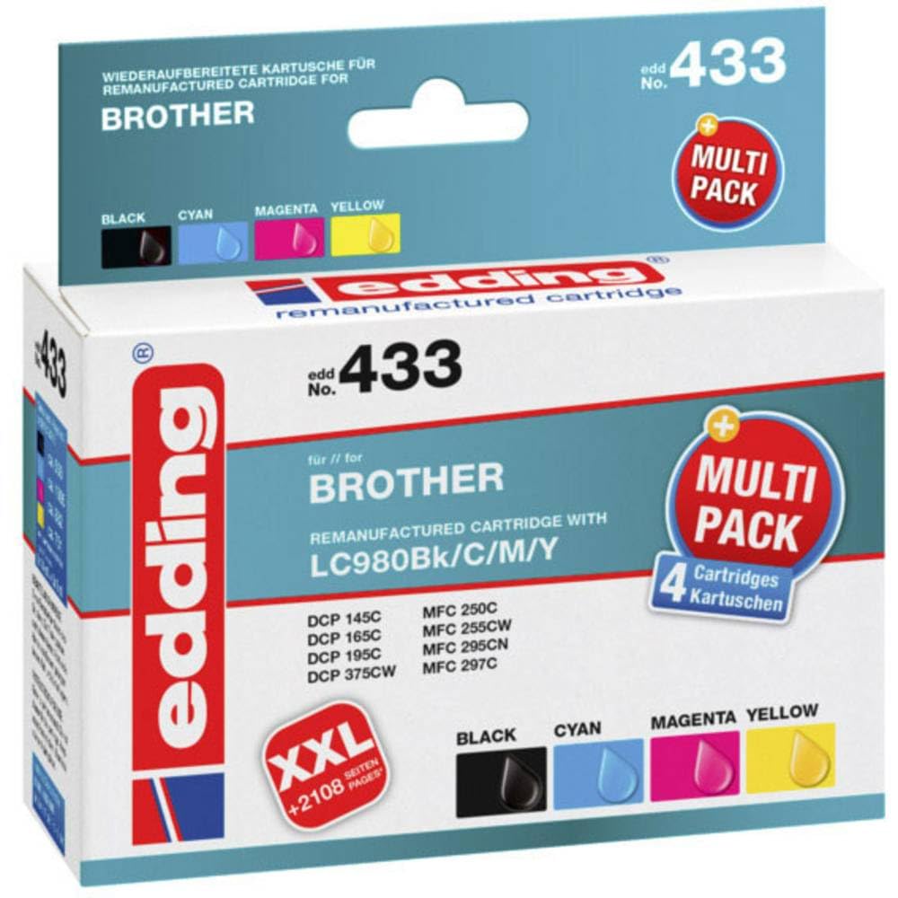edding EDD-433 Ink Cartridge s Brother LC980BK/C/M/Y Multipack 4 - Black, Cyan, Magenta, Yellow - 1x 14 ml + 3X 9 ml