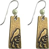 Antique Bronze Brass Bird Dangle Earrings Sterling Silver Earwires Songbird on Branch Light Green Beads Cute Bird Lover Watcher Jewelry for Women