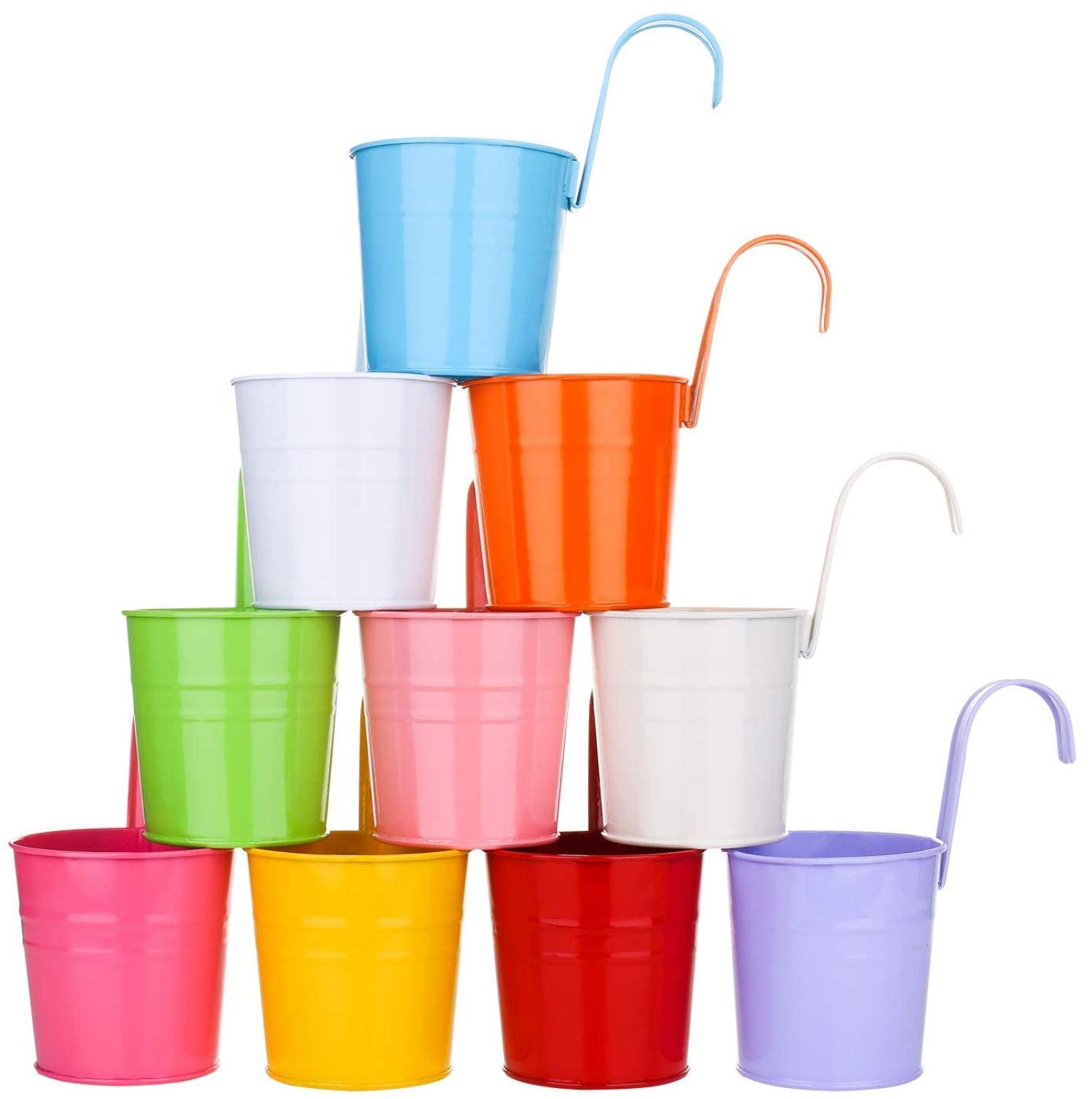 KAHEIGN 10Pcs Metal Hanging Flower Pots, 10cm Plant Pots Hanging Flower Bucket with Detachable Hook for Balcony Fence Garden Home Decor (10 Colors)