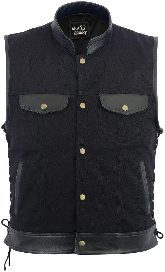 Men SOA Biker side lace leather trim denim waistcoat vest UK Stock free shipment, black, Medium - Image 3