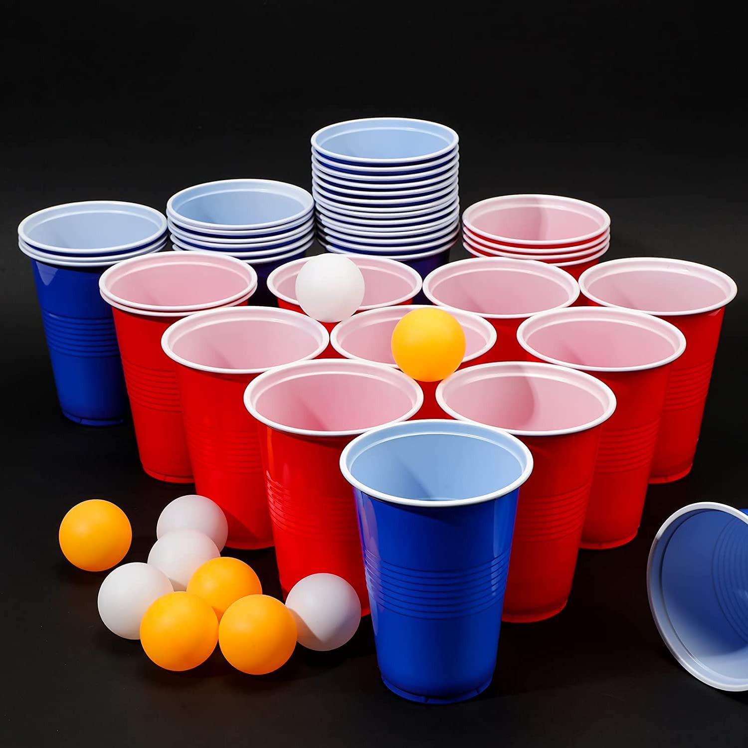 WANGZAIZAI 50+5 Premium Beer Pong Cups, Beer Pong Cups Set | 25 Red + 25 Blue Cups + 5 Yellow Orange Balls