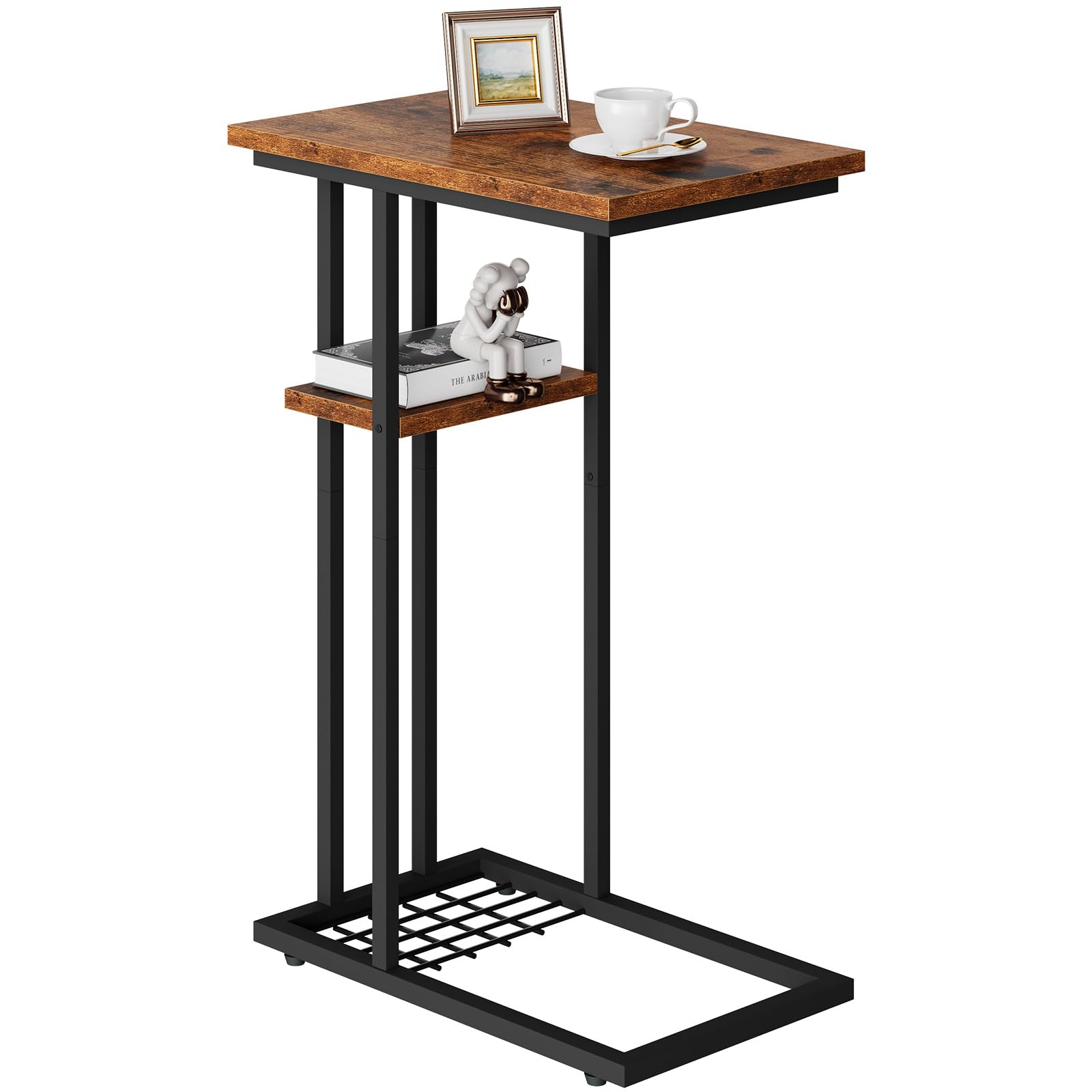 YMYNY C Shaped Side Table, Small Table Bedside Tables, Slim Narrow Coffee Table Sofa Side Table for Small Spaces, Living Room, Bedroom, Industrial, Easy Install, Rustic Brown HST004H