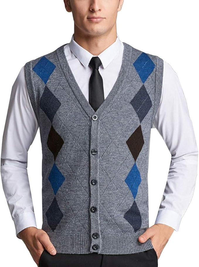 LuckyBov Men Checked Casual VNeck Sweater Button Down Wool Thermal