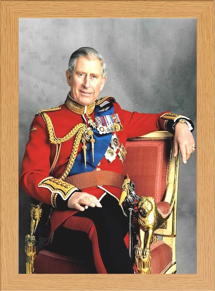 stortvalley King Charles III Portrait Framed Print, Royal Highness in Ceremonial Uniform, Real Glass, Oak Frame (SITTING ON THRONE)