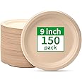 RACETOP Compostable Paper Plates 9 Inch [150 Pack], Disposable Biodegradable Heavy Duty Paper Plates, Made of Natural Sugarcane Fibers, Unbleached Brown, Round