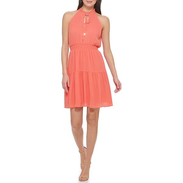 DKNY Ruched V Neck Dress Orange M at Amazon Women's Clothing store