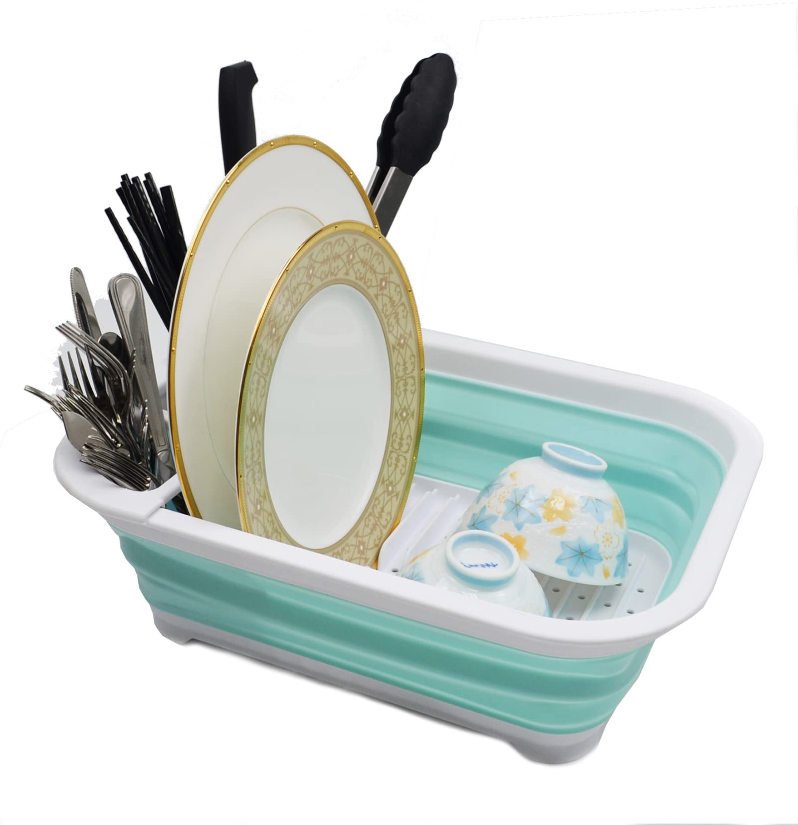 SAMMART Collapsible Plastic Dish Drainer - Foldable Drying Rack - Portable Dinnerware Organizer - Space Saving Kitchen Storage (1, White/Lake Green (w/o base board))