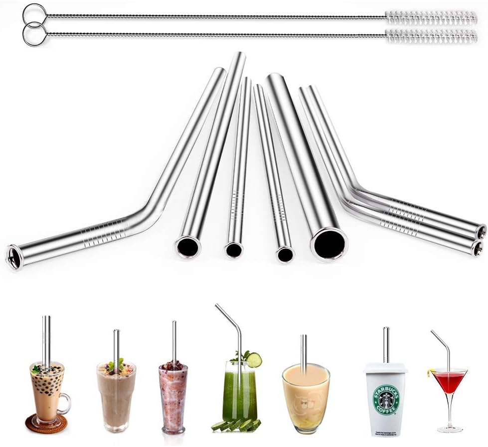 Stainless Steel Straws Reusable Metal Drinking Straw, Eco Friendly, Dishwasher with 2 Extra Long Cleaning Brushes, Food Grade BPA Free for Boba Tea, Smoothie, Cocktail and Hot Drinks, Set of 7