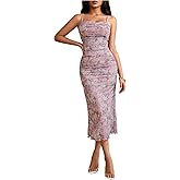 Milumia Women's Elegant Floral Ruched Spaghetti Straps Cami Dress Fishtail Bodycon Midi Dresses