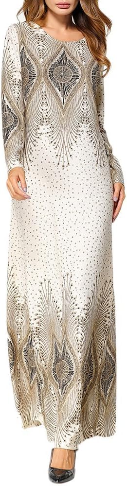 Zhhlinyuan Muslims Womens Printed Maix Dress Moroccan Kaftan Caftan Abaya Dresses