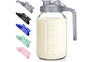 Wide Mouth Mason Jars 32 oz with Pour Spout Lids, SNGKMSYG 1 Quart Glass Pitcher with Lid, Double Leak Proof Breast Milk Pitcher for Fridge, Coffee, Water, Iced Tea (Gray, 32oz, 1 Pack)