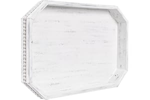 CEDARLUX Wooden Decorative Tray, Rustic Serving Tray with Wood Bead, Farmhouse Big Tray for Ottoman, Countertop, Coffee Tabl, 16.5" x 13"x 1.6" (Retro White)