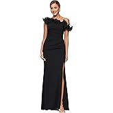 Xscape Womens Scuba Crepe Off The Shoulder Chiffon Ruffle Floor Length Dress