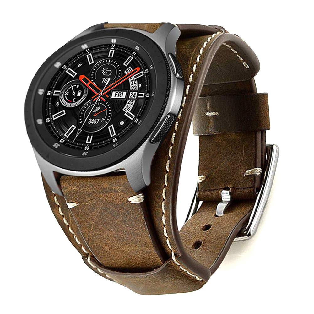 Leotop Compatible with Samsung Galaxy Watch 46mm/Gear S3 Frontier/Galaxy Watch 3 45mm /Classic Strap, 22mm Replacement Genuine Leather Cuff Band with Stainless Steel Buckle for Men Women(22mm,Coffe)