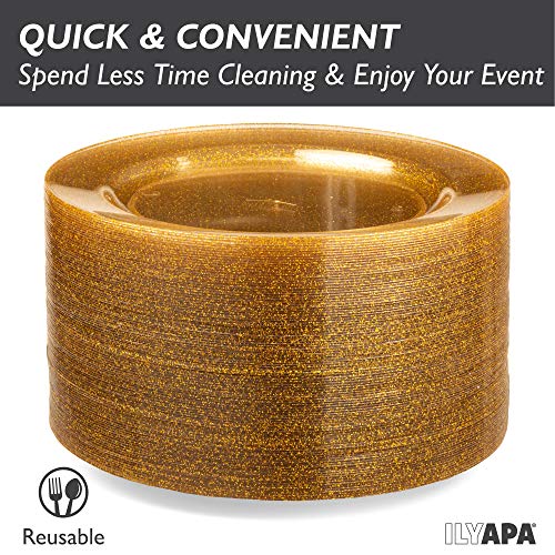 image for Ilyapa 100 Gold Glitter Plastic Plates for Dinner Party or Wedding - 1