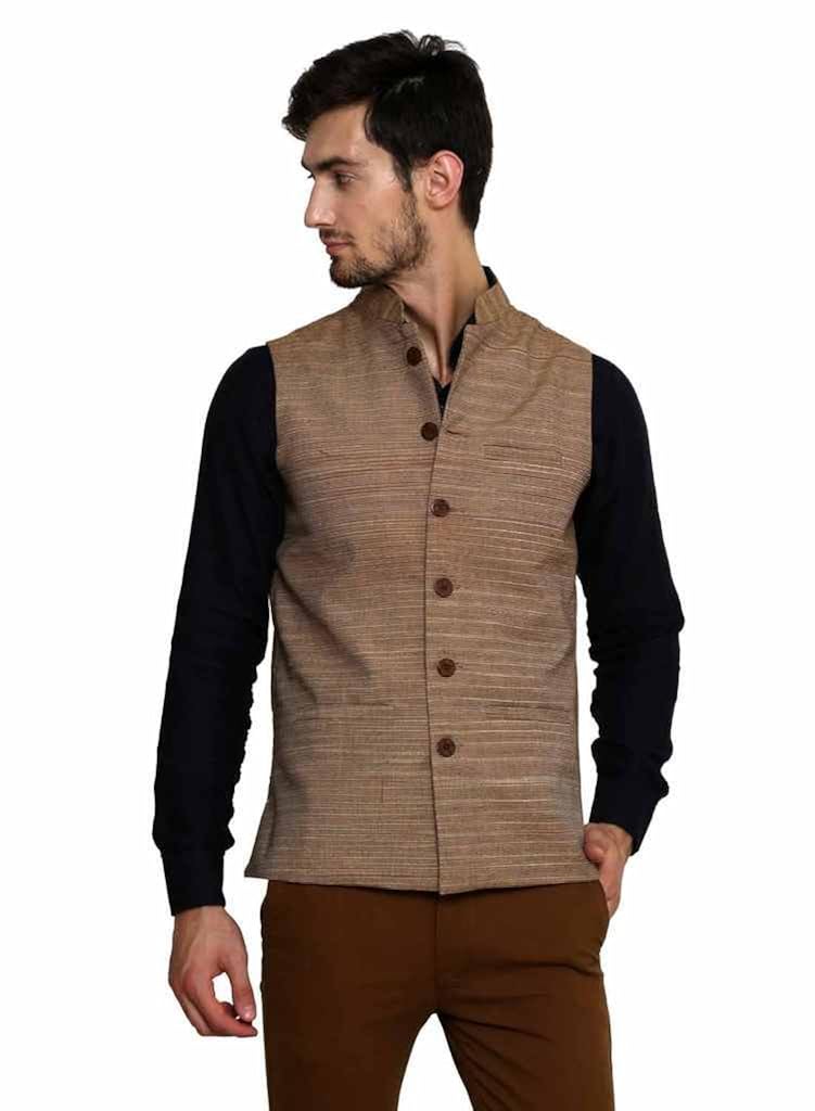 dhrohar khadi wool and cotton blend brown chinese collar waistcoat for men