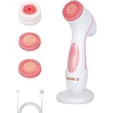 Facial Cleansing Brush, 3in1 Silicone Face Scrubber, Waterproof Facial Scrubber for Deep Cleansing, Rechargeable Face Exfoliation Brush with 2 Adjustable Speeds, Face Spin Brush for Women Men (Pink)
