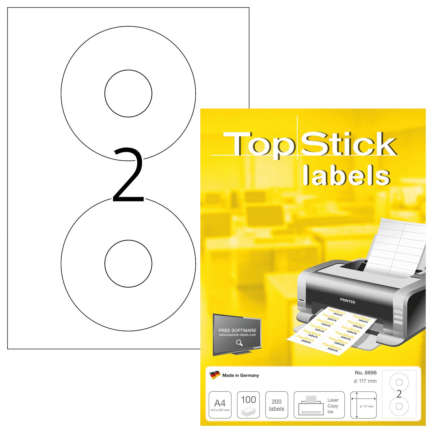 TopStick 8696 Full Face CD Labels, 2 Labels Per A4 Sheet, Ø 117 mm, 200 Labels, Self Adhesive, Stickers for Laser and Inkjet Printers, White
