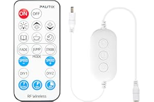 PAUTIX RF Remote Dimmer for Single Color LED Strip Lights,18-Key Wireless Remote and in-line Controller DC 12V-24V for 3528/2835/5050/COB LED Tape Lights,Timer Function