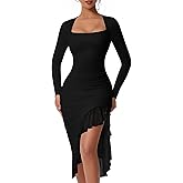 DAAWENXI Women's Sexy Ruched Bodycon Midi Dresses Square Neck Long Sleeve Ruffle Hem Cocktail Party Dress