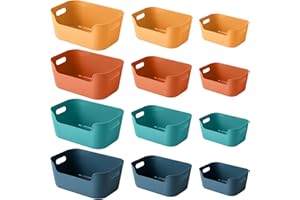 OWill 12-Pack Mixed Plastic Storage Bins and Baskets for Efficient Home Classroom Organization - Small Containers in Multiple Colors for Kitchen, Cupboard Box, Bathroom Organizer on Shelves and Tubs