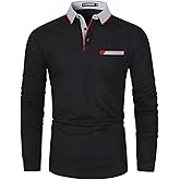 LIUPMWE Polo Shirts for Men Long Sleeve Golf Shirt Slim Fit Classic Plaid Collar Cotton Golf T-Shirts Casual Polo Shirts