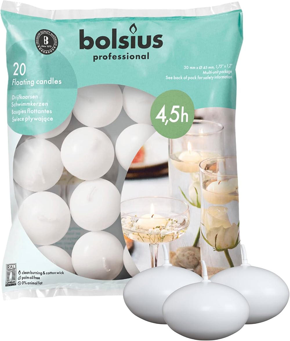 Bolsius White Floating Candle 20 Pack - 4.5 Hour Burn - Vegan Wax