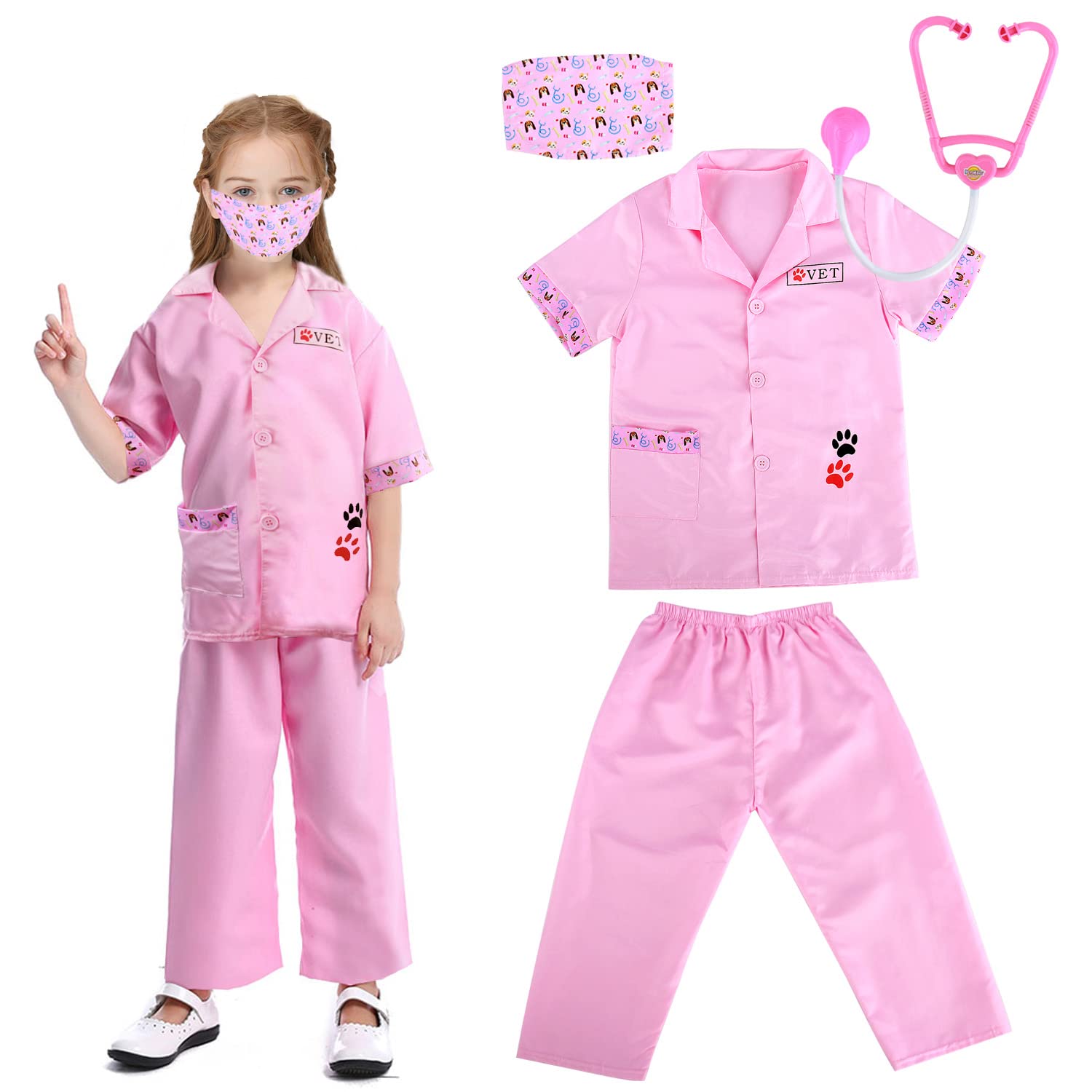 M MUNCASO 4pcs Kids Doctors Set Dress Up Role Play Vet Costume Children Vet Fancy Costume Outfit Doctors Dressing Up for Girls Boys 3-6 Years Old (Pink)